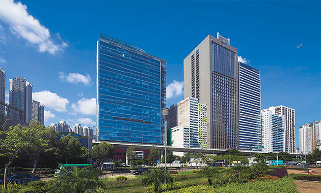 TML Tower, the blue glass tower on Hoi Shing Road
